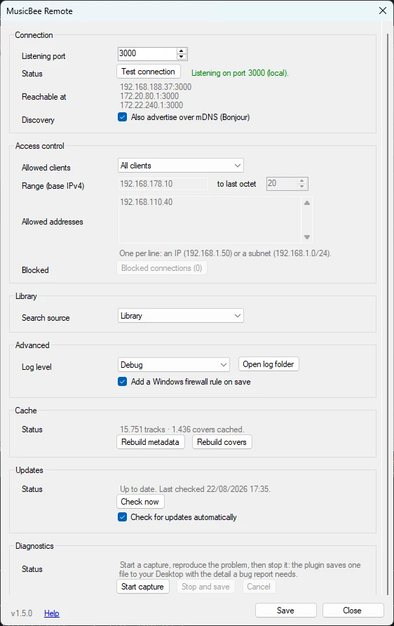 The MusicBee Remote settings panel